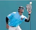  ?? JOHN RAOUX/AP ?? Marlins outfielder Monte Harrison makes a catch against the Atlanta Braves during an exhibition game.