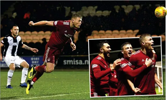  ??  ?? ON-SONG SAM: the impressive Cosgrove heads home Aberdeen’s second-half winner against St Mirren and (inset) his delighted Dons team-mates catch up with him