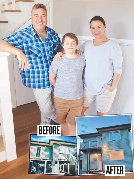  ??  ?? Richard and Tessa Grosvenor with Darcy, 9, at their Brisbane home that used to be a meth lab. Picture: Peter Wallis