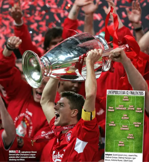  ??  ?? Lagkaptene­n Steven Gerrard lyfter Champions Leaguepoka­len efter Liverpools sanslösa vändning mot Milan.