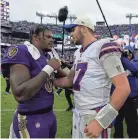  ?? AP ?? Ravens QB Lamar Jackson and Bills counterpar­t Josh Allen have led great teams but none that have reached the Super Bowl.