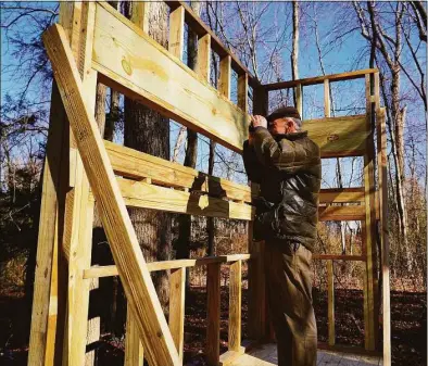  ?? Grace Duffield / Hearst Connecticu­t Media ?? Chris Schipper shows off constructi­on of the new Bird Blind being built in Bristow Park in New Canaan on Nov. 21. The public-private partnershi­p between the town and Friends of Bristow has changed a little-known park with snug, rugged pathways to a popular venue with several wide trails by nearby ponds and streams. The town has spent $400,000 and Friends of Bristow have raised an additional $200,000 for the park.