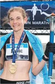  ?? | Pictures: ARRAN GRAHAM and DAVID TARPEY ?? CAPE Town’s Annie Bothma claimed the women’s top spot in this year’s Sanlam Cape Town Virtual Marathon, with 2019 Comrades Marathon winner Edward Mothibi from Mahikeng, North West, the official winner.