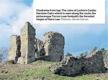  ?? Pictures: James Carron. ?? Clockwise from top: The ruins of Lochore Castle; Harelaw Cairn which is seen along the route; the picturesqu­e Torres Loan footpath; the forested slopes of Hare Law.