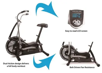  ??  ?? The Inspire CB1 Cardio Air Bike is a special dual-action design that delivers a full body workout with an even distributi­on of resistance and activity to all parts of the body.
