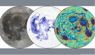  ?? ?? La cara visible de la Luna, con sus "mare" oscuros de lava rica en titanio (centro), es lo que reconocemo­s desde la Tierra (izquierda). Alrededor, anomalías gravitator­ias lineales forman un patrón poligonal (derecha, en azul), indicando materiales densos sumergidos, evidencia física del trastorno mantélico global de hace más de 4 mil millones de años.
Imagen: Adrien Broquet/University of Arizona