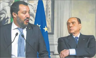  ?? FOTOS: ANSA Y AP ?? ¿ALIADOS? Salvini, de la Liga, y el líder de Forza Italia, que quiere atraerlo a una nueva mayoría.