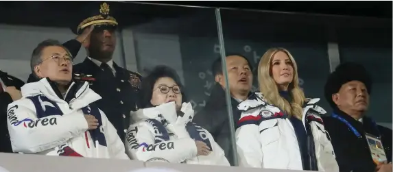  ?? Photo: Reuters ?? South Korean President Moon Jae-in, his wife Kim Jung-sook, White House adviser Ivanka Trump, and Kim Yong Chol of the North Korea delegation at the closing ceremony of the Pyeongchan­g 2018 Winter Olympics.