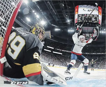  ?? ASSOCIATED PRESS FILE PHOTO ?? Capitals’ Evgeny Kuznetsov celebrates a goal against Golden Knights goaltender Marc-Andre Fleury in Game 1 of the final series.