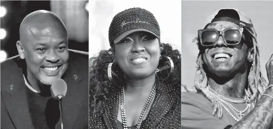  ?? AP PHOTO ?? This combinatio­n of photos shows from left, Dr. Dre, Missy Elliott, and Lil Wayne who will be honored at the Recording Academy’s second annual Black Music Collective event.