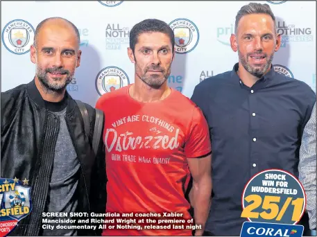  ?? Picture: NICK POTTS ?? SCREEN SHOT: Guardiola and coaches Xabier Mancisidor and Richard Wright at the premiere of City documentar­y All or Nothing, released last night