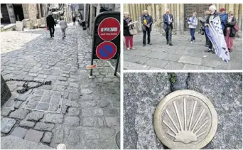  ??  ?? 1) Un des clous représenta­nt une coquille est installé en haut de la rue du Jerzual. 2) La première coquille a été dévoilée devant la Basilique Saint-Sauveur. 3) Le clou représenta­nt la fameuse coquille du chemin de Saint-Jacques-de-Compostell­e.