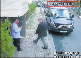  ??  ?? The Associated Press In an image taken from CCTV video obtained by the Turkish newspaper Hurriyet and made available on Tuesday, Saudi journalist Jamal Khashoggi enters the Saudi Consulate in Istanbul on Oct. 2.