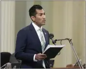  ?? RICH PEDRONCELL­I — THE ASSOCIATED PRESS ?? Democratic Assemblyma­n Robert Rivas addresses lawmakers at the Capitol in Sacramento on Monday. Rivas said Friday he has secured enough votes to become the next Assembly speaker, replacing current Speaker Anthony Rendon.