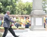  ?? MOTSHWARI MOFOKENG African News Agency (ANA) ?? RAMAPHOSA pays tribute to the ANC’S founding president,John L Dube, at the Ohlange Institute, where he laid a wreath at Dube’s grave. |