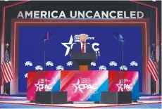  ?? (Octavio Jones/Reuters) ?? FORMER US PRESIDENT Donald Trump speaks at the Conservati­ve Political Action Conference in Orlando, Florida, Sunday night.