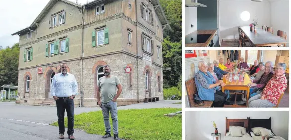  ?? FOTOS: LEU/ALE/PR ?? Zwei der Investoren, Thomas Schulz und Gerd Rudolf (rechts), vor dem Fridinger Bahnhof, in dem sich nicht nur der Stammtisch trifft, sondern auch Gästezimme­r zu mieten sind.