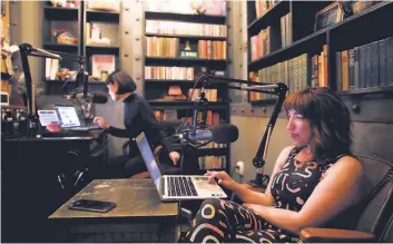  ?? Photos by Yalonda M. James / The Chronicle ?? A search for meaning: Melissa Graeber (left) and Helen Tseng, from top, in the Mission District studio where they host “Astral Projection Radio Hour,” on astrology, spirituali­ty and witchcraft.