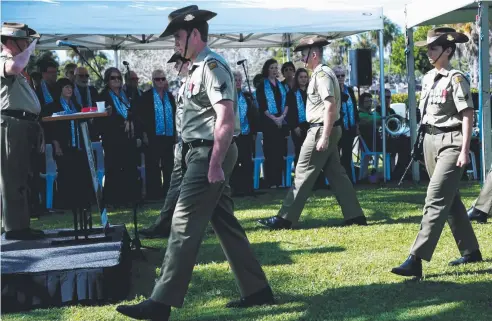  ?? Picture: STEWART McLEAN ?? PROUD SHOW: The Catafalque party marches in the ceremony to mark 100 years since the Battle of Polygon Wood.