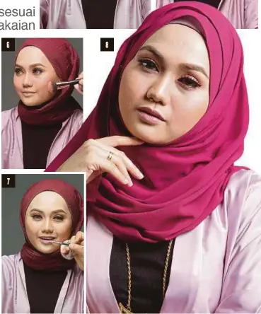  ??  ?? 4. SAPU pembayang mata menggunaka­n rona lembut dan semula jadi seperti warna tanah atau merah jambu.
5. BENTUK kening supaya penampilan lebih cantik dan manis dipandang. 6. SETERUSNYA, pemerah pipi disapukan dengan tidak keterlalua­n.
7. LANGKAH...