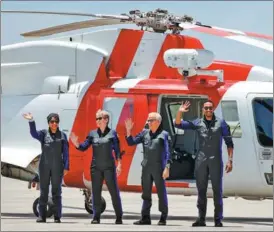  ?? TERRY RENNA / AP ?? The crew of the SpaceX Falcon 9 rocket, (from left) Saudi Arabian astronaut Rayyanah Barnawi, US commander Peggy Whitson, US pilot John Shoffner and Saudi Arabian astronaut Ali al-Qarni, arrive at Kennedy Space Center in Cape Canaveral, Florida, the United States, before their launch on May 21 for a weeklong stay at the Internatio­nal Space Station.