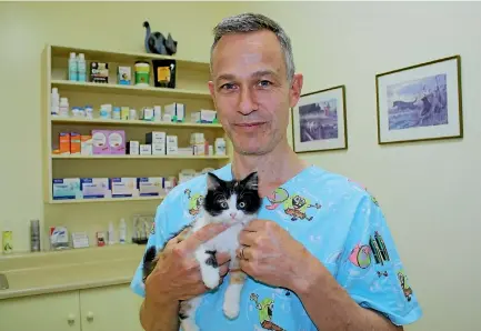  ?? PHOTO: JENNIFER EDER/STUFF ?? Pet owners are often surprised when Springland­s Veterinary Centre vet surgeon Dr Peter Ehrlich says secondhand smoke is harmful to cats.