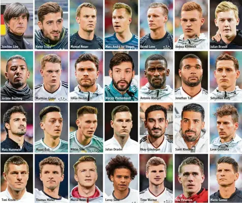  ??  ?? Julian Brandt Manuel Neuer Marc André ter Stegen Bernd Leno Joshua Kimmich Kevin Trapp Joachim Löw Jonas Hector Marvin Plattenhar­dt Antonio Rüdiger Jonathan Tah Sebastian Rudy Matthias Ginter Jérôme Boateng Niklas Süle Julian Draxler Ilkay Gündogan...