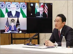  ?? ANI ?? Japanese Prime Minister Fumio Kishida attends the virtual Quadrilate­ral Security Dialogue with Prime Minister Narendra Modi, US President Joe Biden and Australian Prime Minister Scott Morrison, in Tokyo on 4 March 2022.