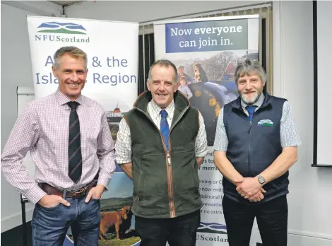  ?? 15_T49_NFUSRoadsh­ow ?? NFUS director of policy Jonnie Hall, regional board chairman John Dickson and NFUS vice-president Martin Kennedy, who were present to answer questions at Friday’s roadshow.