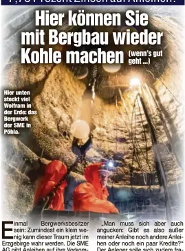  ??  ?? Hier unten steckt viel Wolfram in der Erde: das Bergwerk der SME in Pöhla.