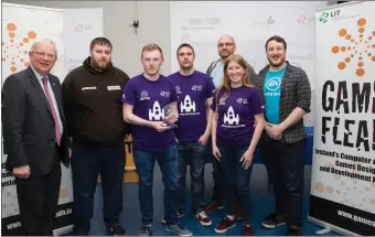  ??  ?? Best in Animation, Hound Hunt; Daniel Reilly, Joseph Kennedy, Clodagh Dooley and Patrick Lawless, IT Sligo who received their prize from Prof. Vincent Cunnane, President LIT, and EA Games Stephan’s Meiring and Alex Mann.