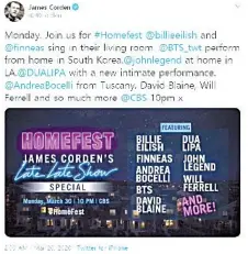  ??  ?? A snapshot of Corden’s tweet promoting ‘Homefest’.