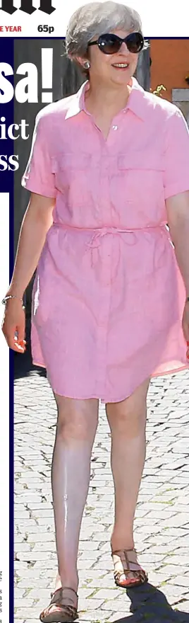  ??  ?? Mrs May in a £26 baby-pink Next shirt-dress that showed off her pale and noticeably shiny legs in Italy yesterday