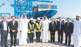  ?? WAM ?? Dr Al Jaber, Shaikh Hamed and Shaikh Theyab during the opening of the Cosco Shipping Ports container terminal at Khalifa Port in Abu Dhabi yesterday.