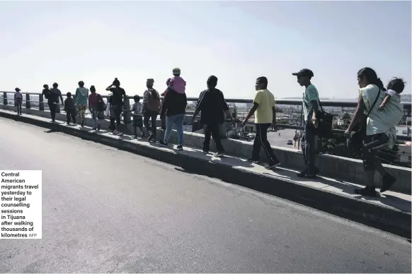  ?? AFP ?? Central American migrants travel yesterday to their legal counsellin­g sessions in Tijuana after walking thousands of kilometres