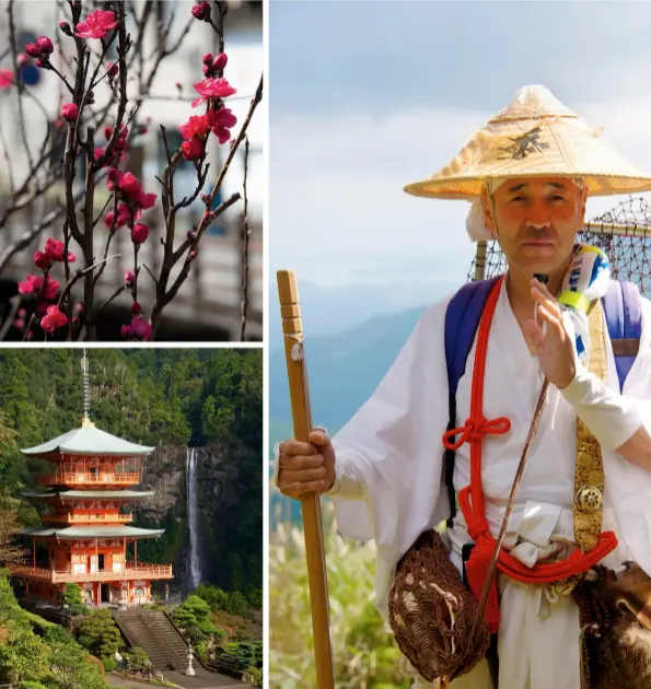  ??  ?? CLOCKWISE: Red cherry blossoms in the remote mountain village of Yunomine in spring, home to what’s thought to be the oldest onsen in Japan; a Shugendo Yamabushi monk, dressed in traditiona­l suzukaki robes; the Nachi-no-Otaki waterfall and Kumano Nachi Taisha shrine at the end of the Kumano Kodo
PREVIOUS PAGE: To-Sua Ocean Trench,
Apia, Samoa