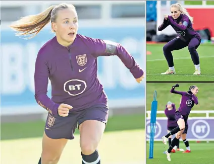  ?? ?? Big occasion: Beth Mead (above), Alex Greenwood (top) and Jill Scott prepare for England’s competitiv­e debut at Wembley Stadium