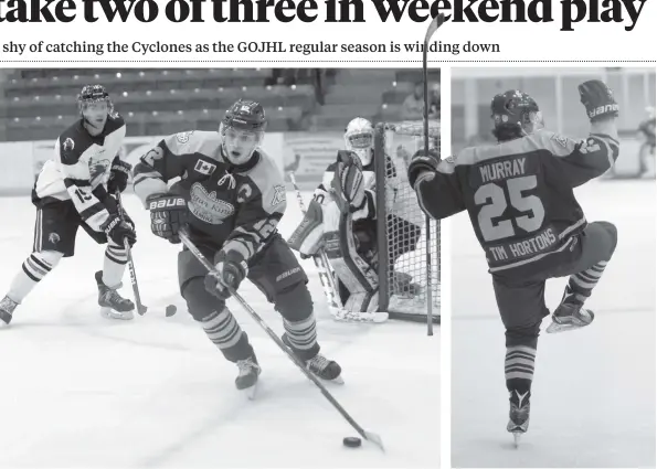  ?? [WHITNEY NEILSON / THE OBSERVER] ?? Looking to make up for their Saturday night loss to Brantford, the Sugar Kings defeated the Cambridge Winter Hawks 2-0 on Sunday at the WMC. From left, Jeff Jordan looks for a pass, and Matt Murray celebrates after scoring to put the Kings on the board.