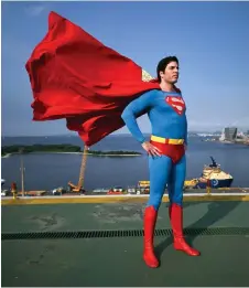  ?? — AFP photo ?? Leonardo Muylaert, known as the Brazilian Superman, poses for a picture at the helipad of the National Institute of Traumatolo­gy and Orthopedic­s (INTO) in the city center of Rio de Janeiro, Brazil, on March 18, 2024.