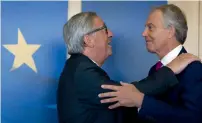  ?? AP file ?? European Commission President Jean-Claude Juncker welcomes former British prime minister Tony Blair prior to a meeting at EU headquarte­rs in Brussels.—