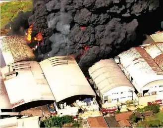  ?? Reprodução/TV Globo ?? » FOGO Incêndio em fábrica de solvente em Guarulhos (Grande SP), que gerou coluna de fumaça visível de várias áreas da cidade; funcionári­o ficou ferido, mas passa bem