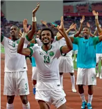  ?? Reuters ?? Saudi players celebrate at the end of the World Cupqualifi­er against Thailand on Thursday. —