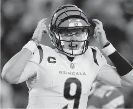  ?? JEFF ROBERSON AP ?? Bengals quarterbac­k Joe Burrow calls an audible against the Chiefs during the first half of the AFC Championsh­ip Game on Sunday in Kansas City, Mo.