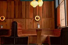  ?? Amaya Edwards/The Chronicle ?? The interior of San Francisco spot Bar Gemini is decked out in wood.
