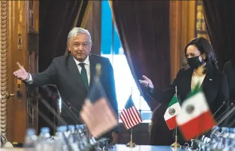  ?? Jacquelyn Martin / Associated Press ?? Vice President Kamala Harris told Mexican President Andrés Manuel López Obrador that the two nations are “embarking on a new era” at a meeting in the National Palace in Mexico City.