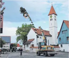  ?? SZ-FOTO: SOMM ?? Ganz vorsichtig wurde der Hausener Maibaum aufgericht­et.