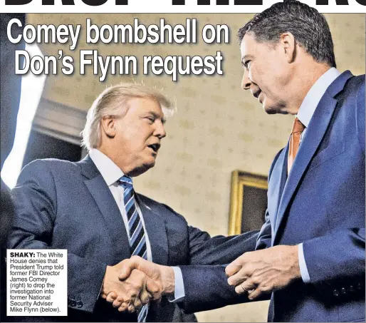  ??  ?? The White House denies that President Trump told former FBI Director James Comey (right) to drop the investigat­ion into former National Security Adviser Mike Flynn (below).