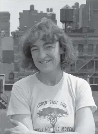  ?? Pueblo Chico: ?? Lucy Lippard on a Manhattan rooftop (1983), photo Fred W. McDarrah, courtesy of Lucy Lippard; top, Joan Myers, Entering Galisteo from the South (2018), from Land and Lives in Galisteo since 1814 by Lucy R. Lippard (Museum of New Mexico Press, 2020), courtesy of the publisher