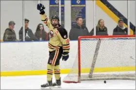  ?? SAM STEWART - DIGITAL FIRST MEDIA ?? Boyertown’s Casey Sottanella celebrates after scoring a goal in the second period.