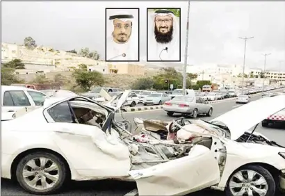  ?? ?? What’s left of the car after the accident. Inset: Dr Al-Tabtabai (left) and Dr Al-Shatti